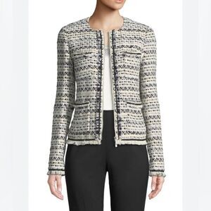 LAFAYETTE 148 NEW YORKS Benji Modulated Black White Tweed Fringe Jacket Sz 2